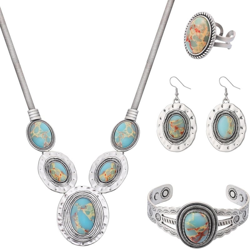 JMScape 4 PCS Western Turquoise Jewelry for Women Boho Vintage Navajo Pearl Necklace Earring Bracelet Ring Set Country Cowgirl Accessories for Gift - Image 1